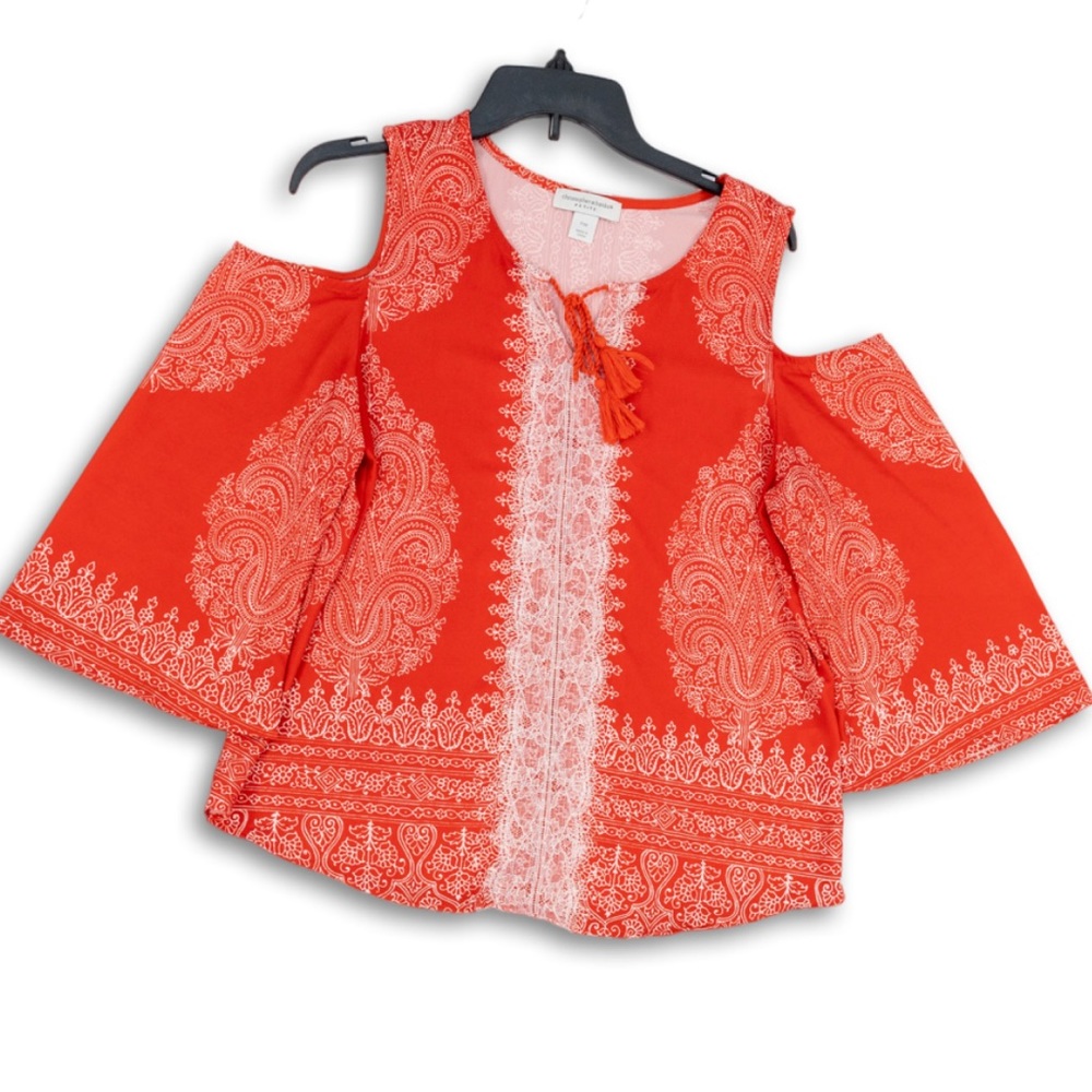 Christopher & Banks Women’s Red Cold Shoulder Peasant Tasseled Paisley Top